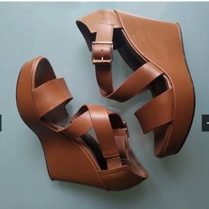 Marni Camel Leather Wedge Sandals Classic Italian Strappy Gold Metal Buckle 38